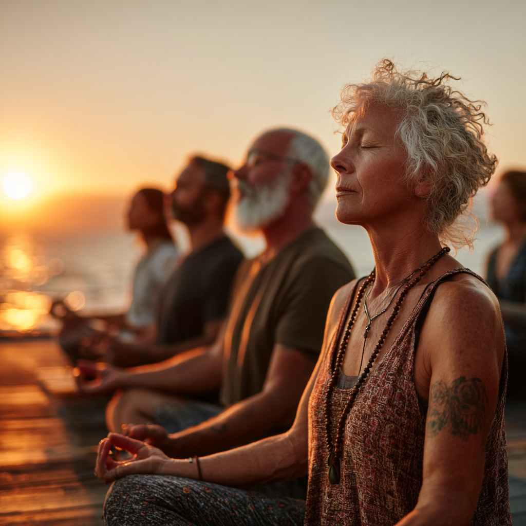 Group of mature adults aged 45-55 sitting in meditation circle during sunset yoga class outdoors with peaceful expressions