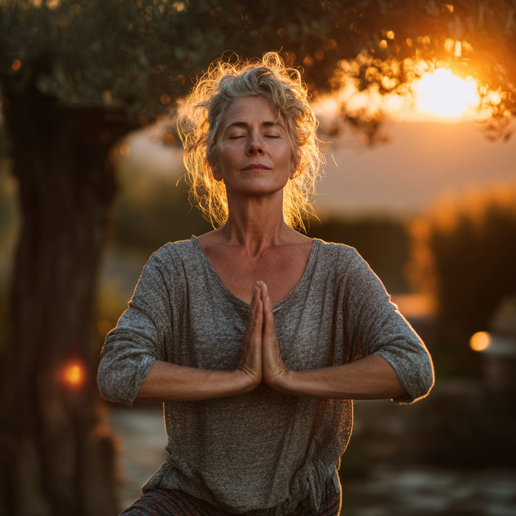 Mature woman in her late forties practicing yoga tree pose outdoors in peaceful garden setting during golden hour