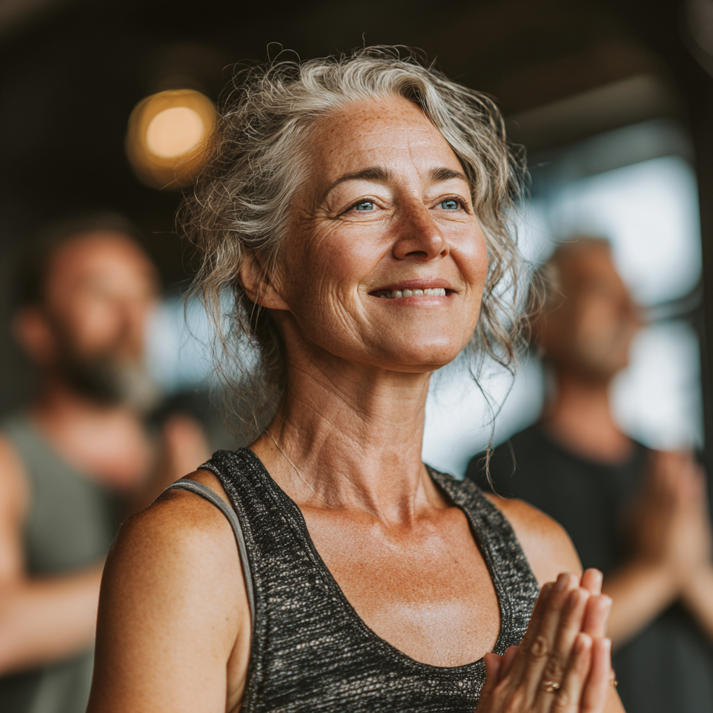 Smiling instructor in her fifties welcoming middle-aged students to beginner yoga class in bright studio with natural light